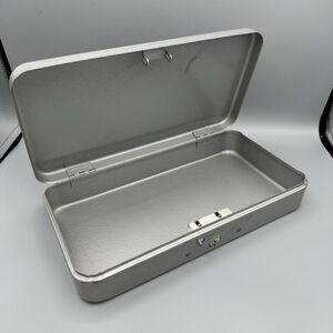 Vtg Silver Tone Metal Office Trinket Box NO Key Distressed 11.5" Long Unlocked